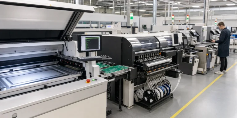 Home 10 PCB assembly machines in a real SMT line with stencil printing, pick-and-place equipment, and an engineer reviewing production setup.