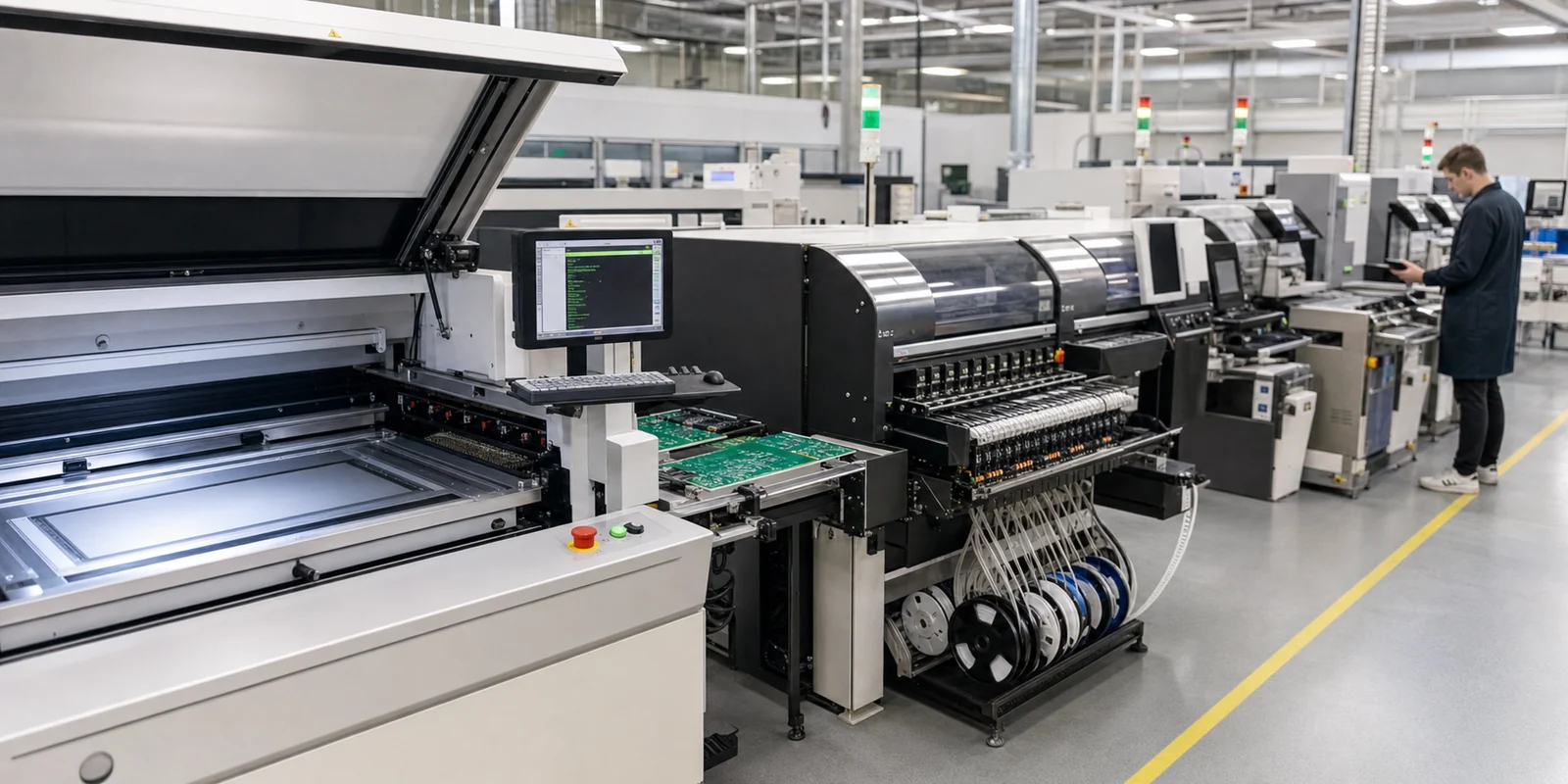 PCB assembly machines in a real SMT line with stencil printing, pick-and-place equipment, and an engineer reviewing production setup.