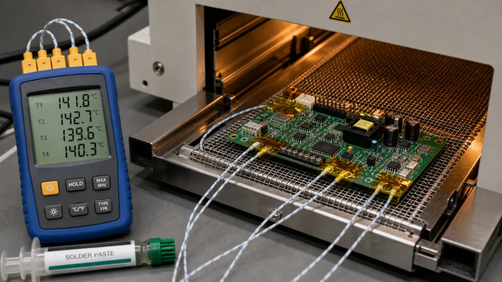Choisir et utiliser des fours à circuits imprimés pour la refusion, le durcissement et la cuisson 1 PCB Prêt à profiler la température Le câble du thermocouple connecté à