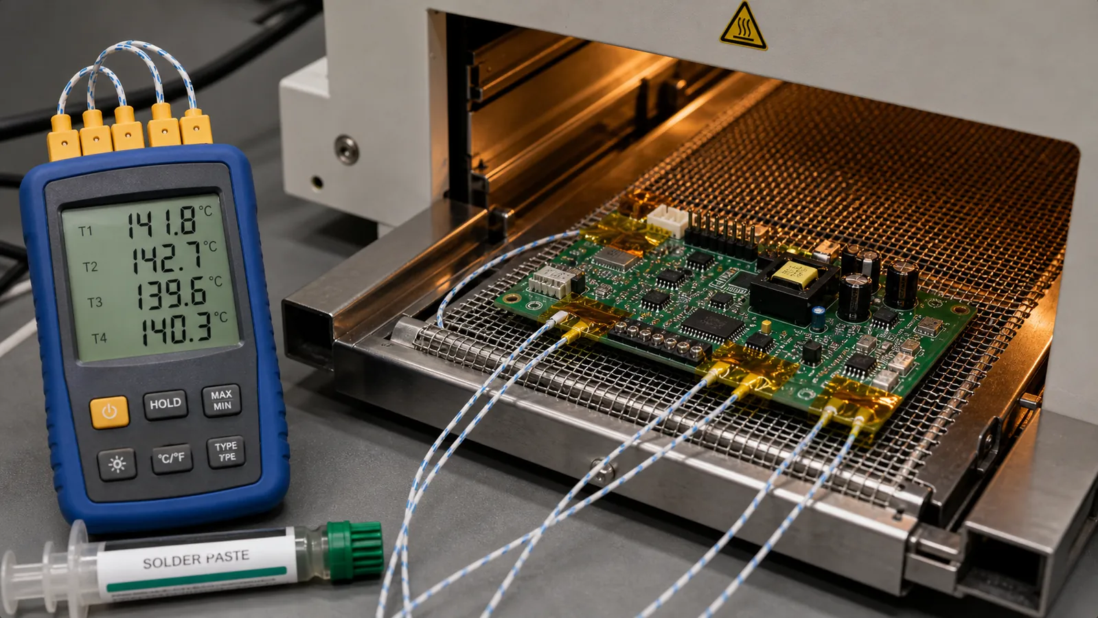 Choosing and Using PCB Ovens for Reflow, Curing, and Baking 1 Thermocouple wires attached to a PCB inside a reflow oven for temperature profiling
