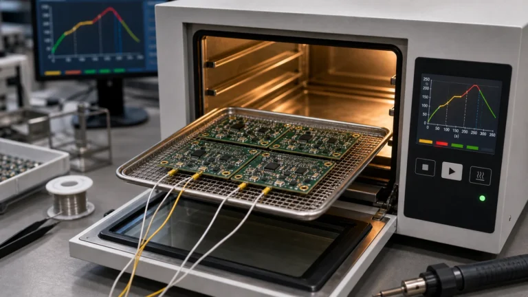 Home 10 Small PCB panel on a tray entering a compact reflow oven with temperature profile screen nearby