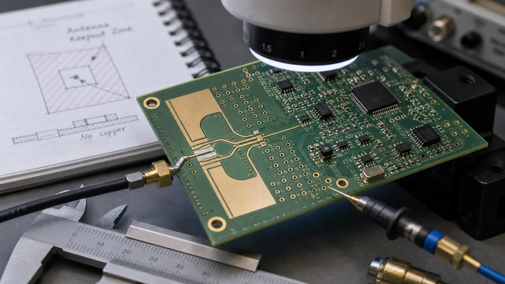 Principes de base de la conception de circuits imprimés radar pour des cartes haute fréquence fiables 1 Microscope radar close up avec Dell Power Trackanten et connecteur RF visible