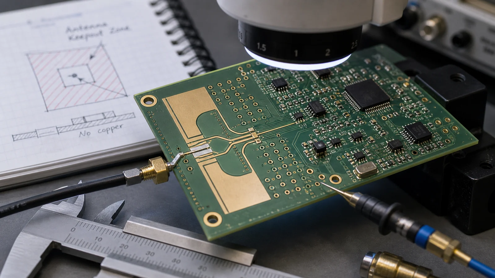 Radar PCB Design Basics for Reliable High-Frequency Boards 1 Close-up radar PCB under microscope with antenna feed traces and RF connector visible