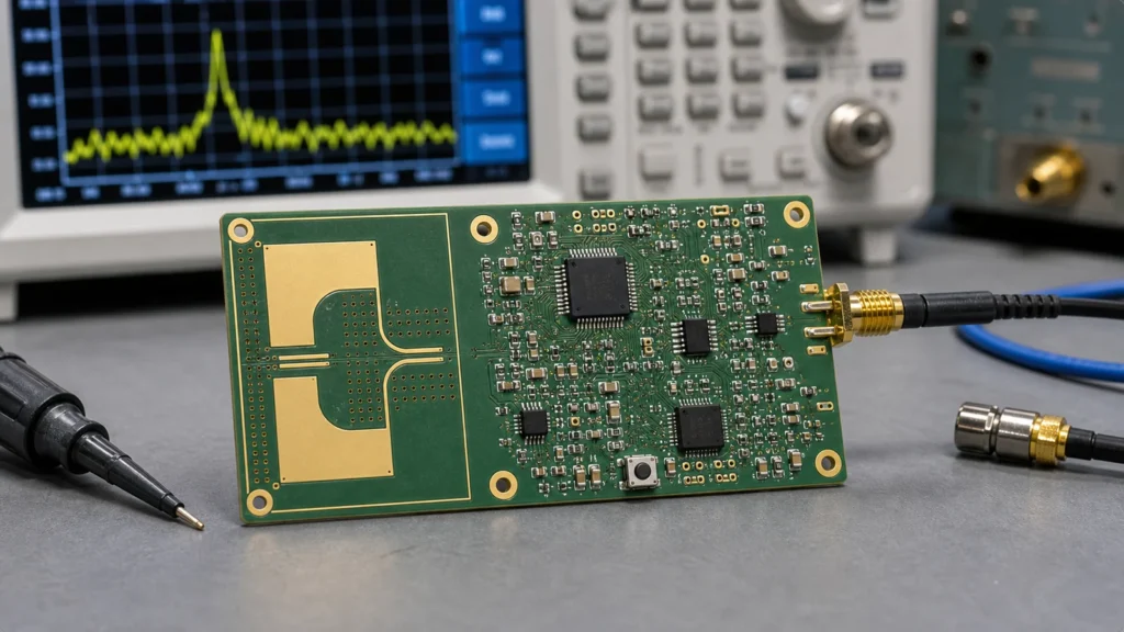 Radar sensor PCB with patch antenna traces connected to RF test equipment on a lab bench