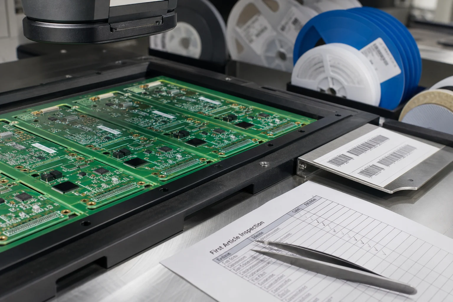 Close-up of a PCB panel at first article inspection beside feeder reels, barcode labels, and checklist paperwork.