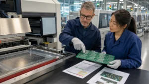 PCB Prototyping 11 Engineer and technician reviewing a PCB panel and manufacturing documents beside an SMT production line.