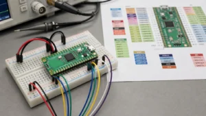 Raspberry Pi Pico style board wired for power, GPIO, ADC, and debug reference