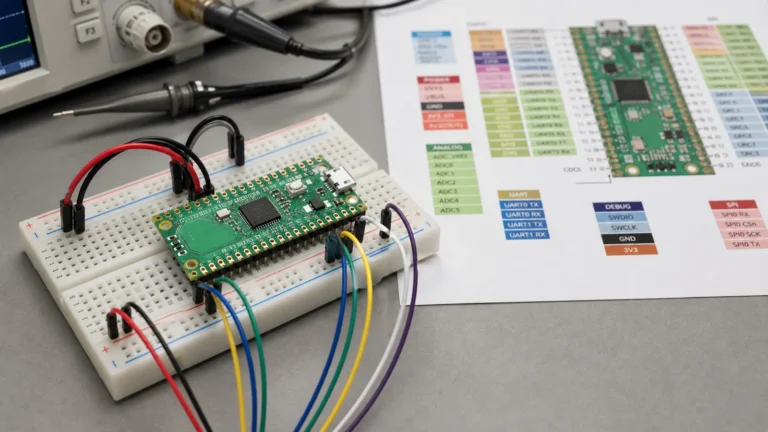 Raspberry Pi Pico style board wired for power, GPIO, ADC, and debug reference