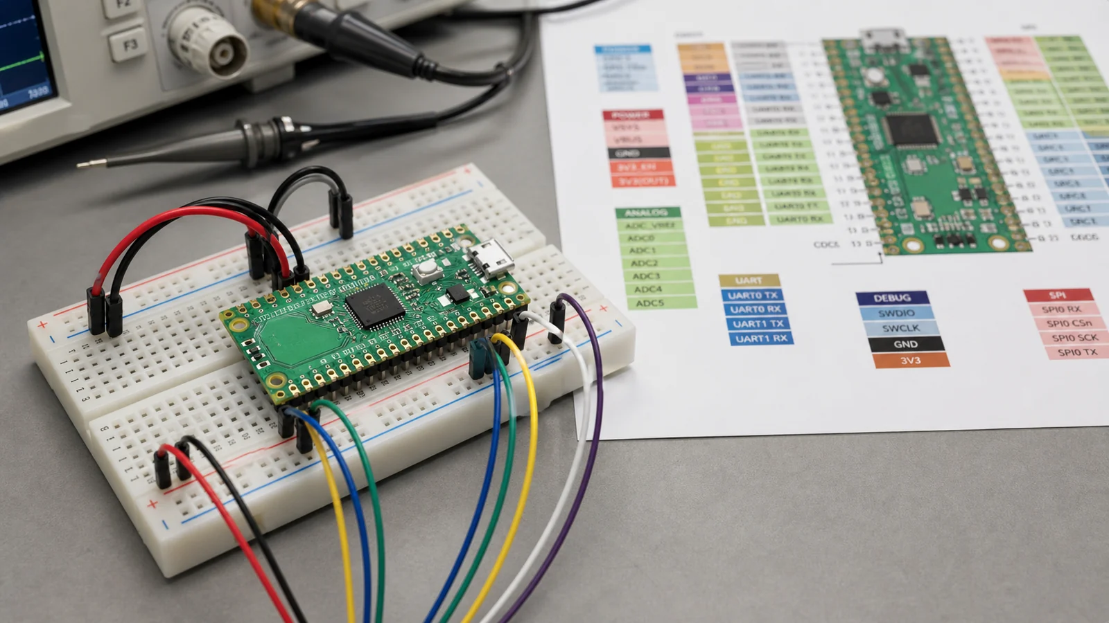 Raspberry Pi Pico style board wired for power, GPIO, ADC, and debug reference