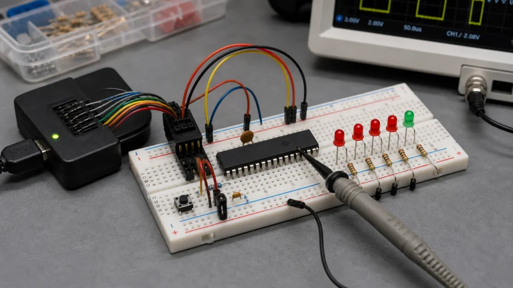 Where PIC Microcontrollers Fit in Embedded PCB Design 1 Breadboard microcontroller circuit with LEDs, resistors, programmer cable, and oscilloscope probe