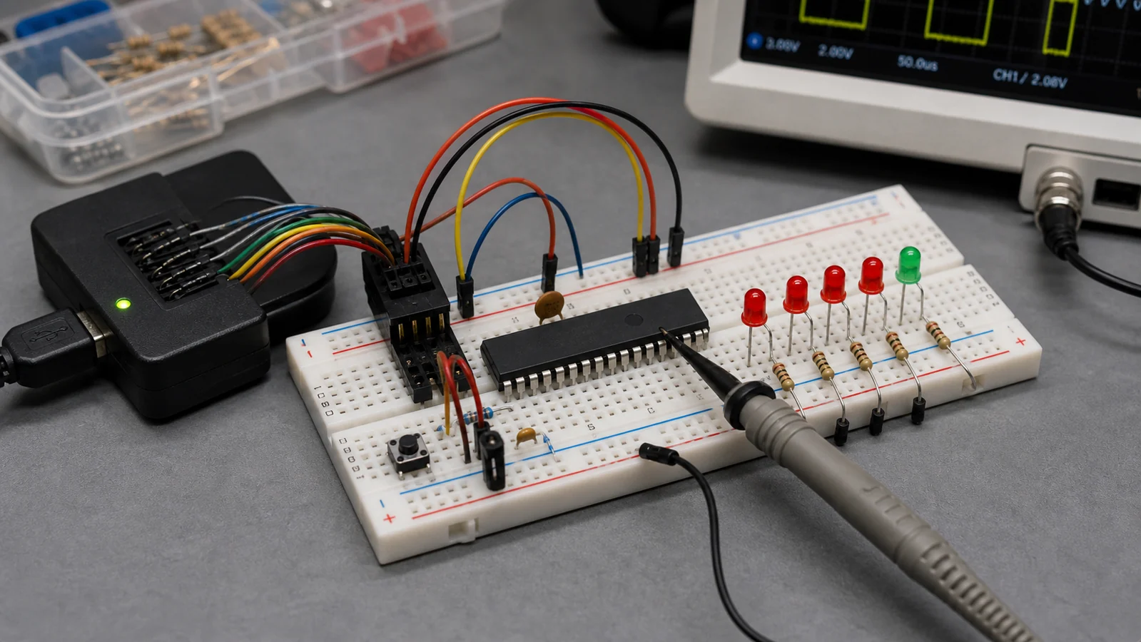 Breadboard microcontroller circuit with LEDs, resistors, programmer cable, and oscilloscope probe
