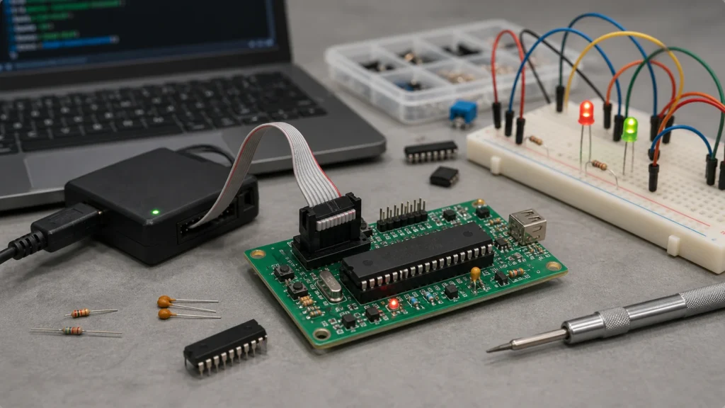DIP microcontroller on a development PCB connected to a programmer and breadboard LEDs