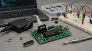 Surface-Mount Technology (SMT) 12 DIP microcontroller on a development PCB connected to a programmer and breadboard LEDs
