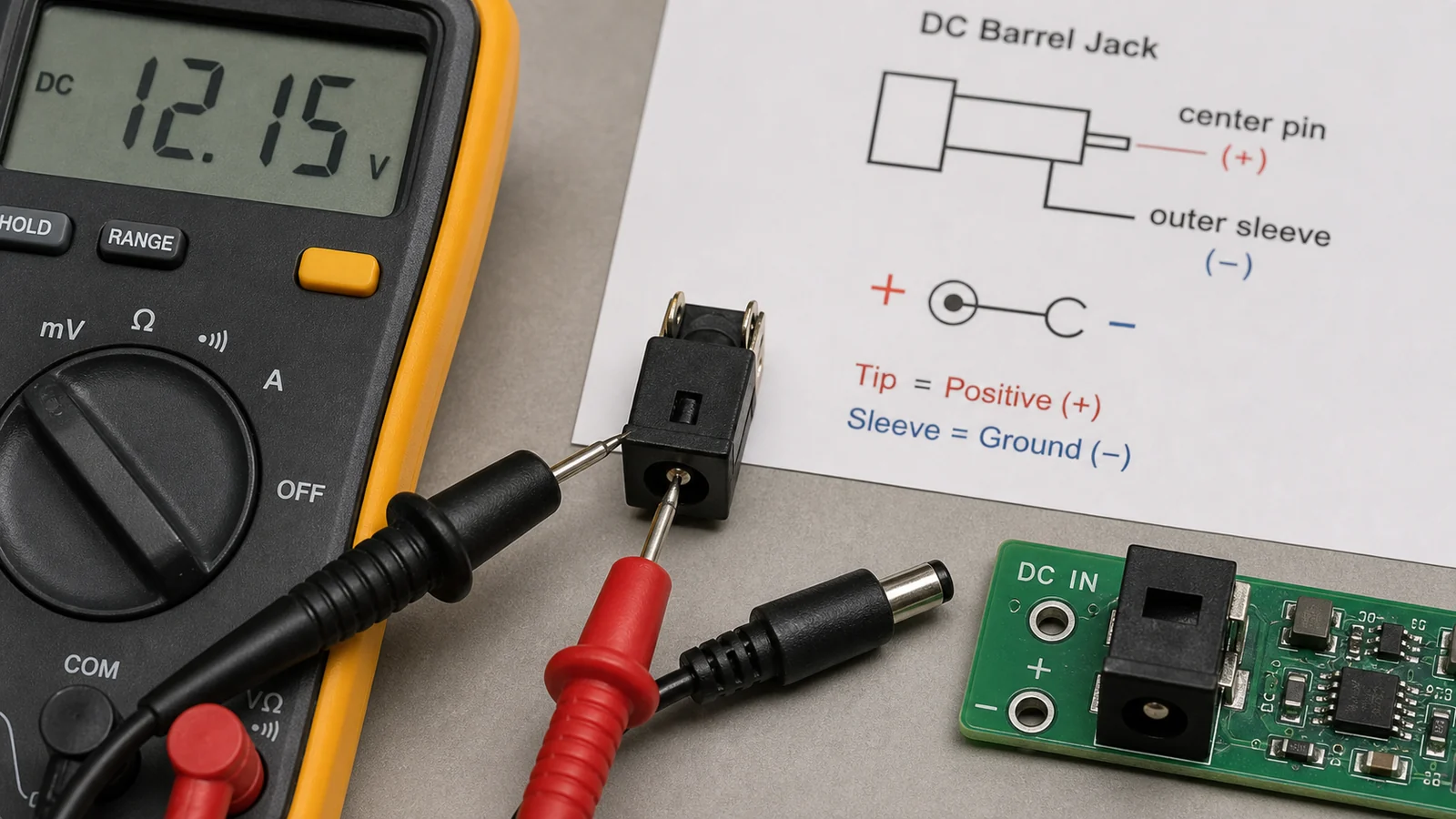 Center pin and sleeve polarity check for a DC barrel jack