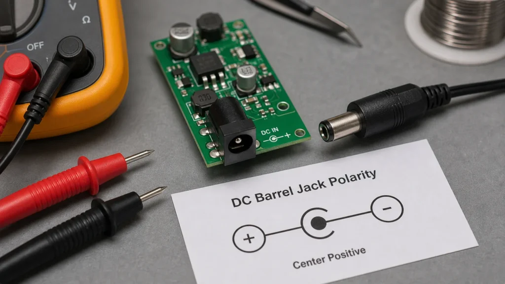 Barrel jack polarity test with plug, PCB input, and multimeter