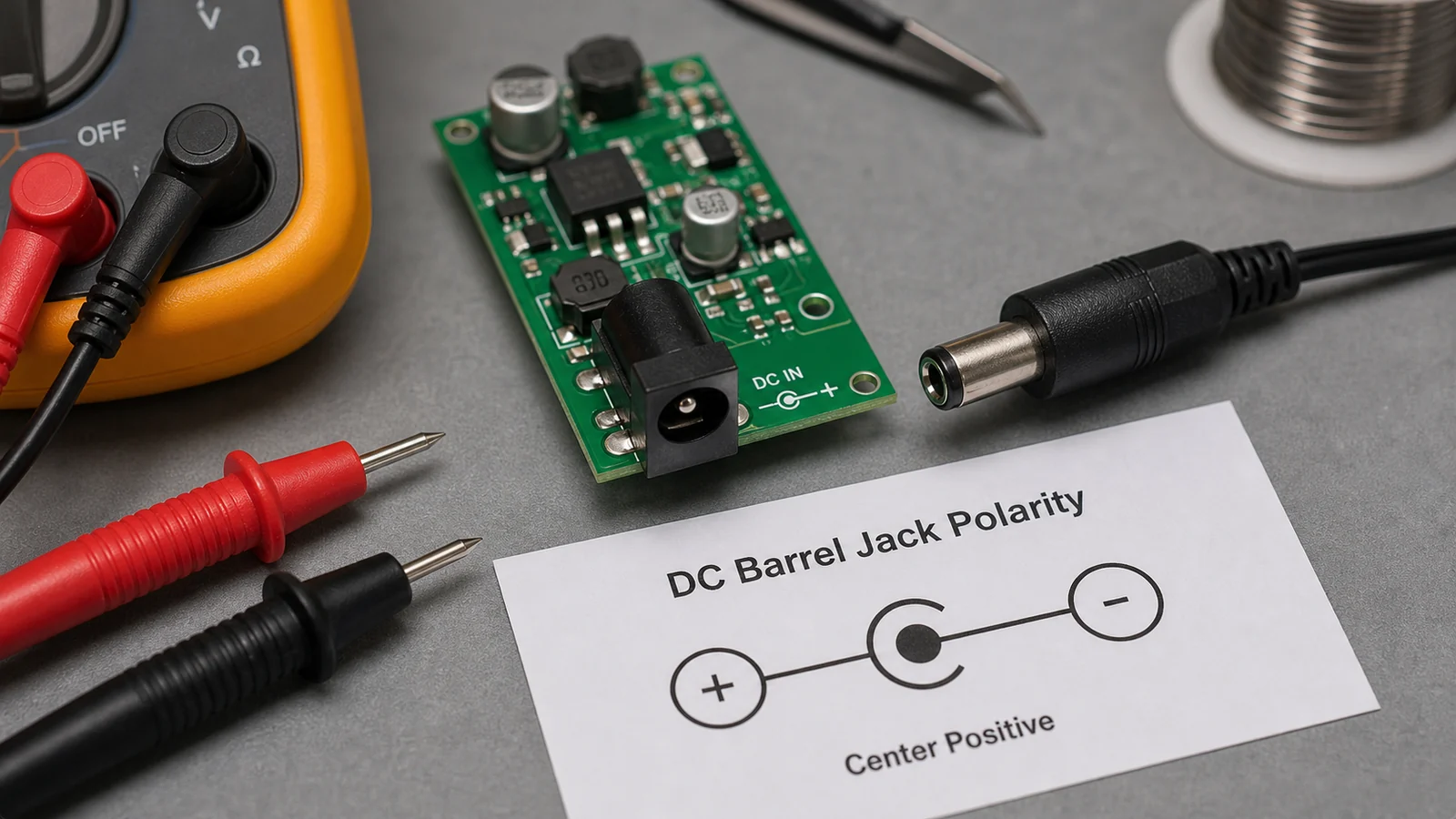 Barrel jack polarity test with plug, PCB input, and multimeter
