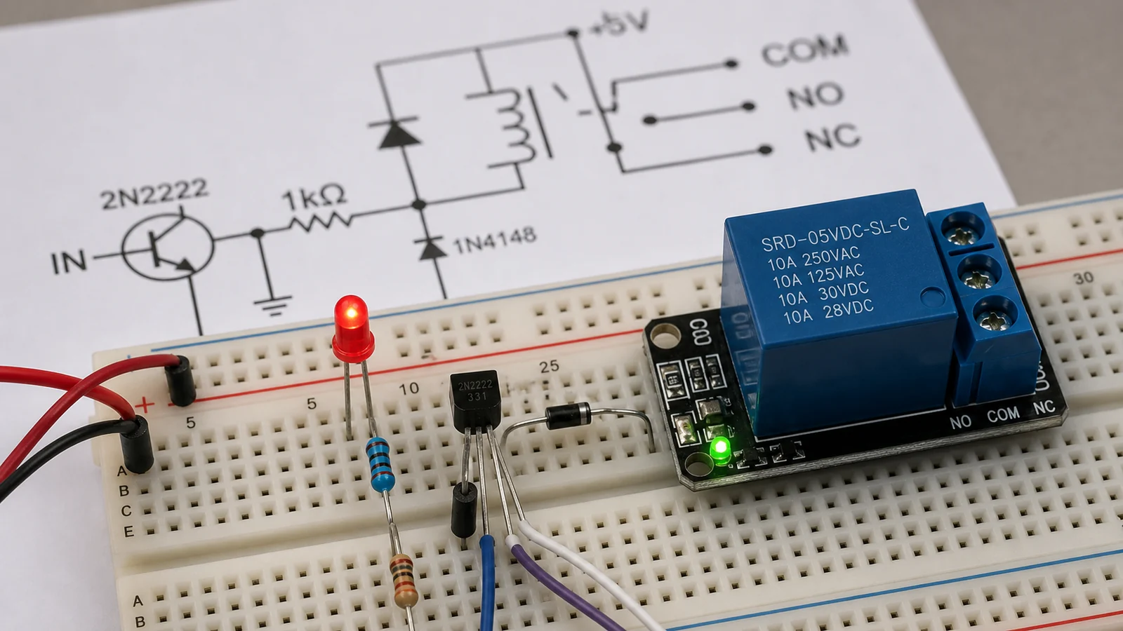 Relay coil driver and contact path test on a breadboard