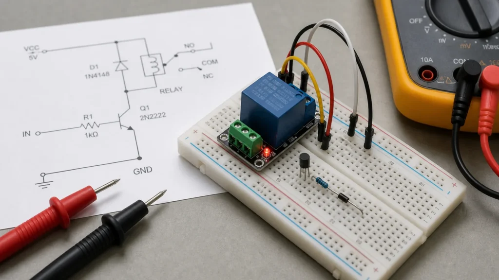 Relay driver circuit with schematic and measurement setup