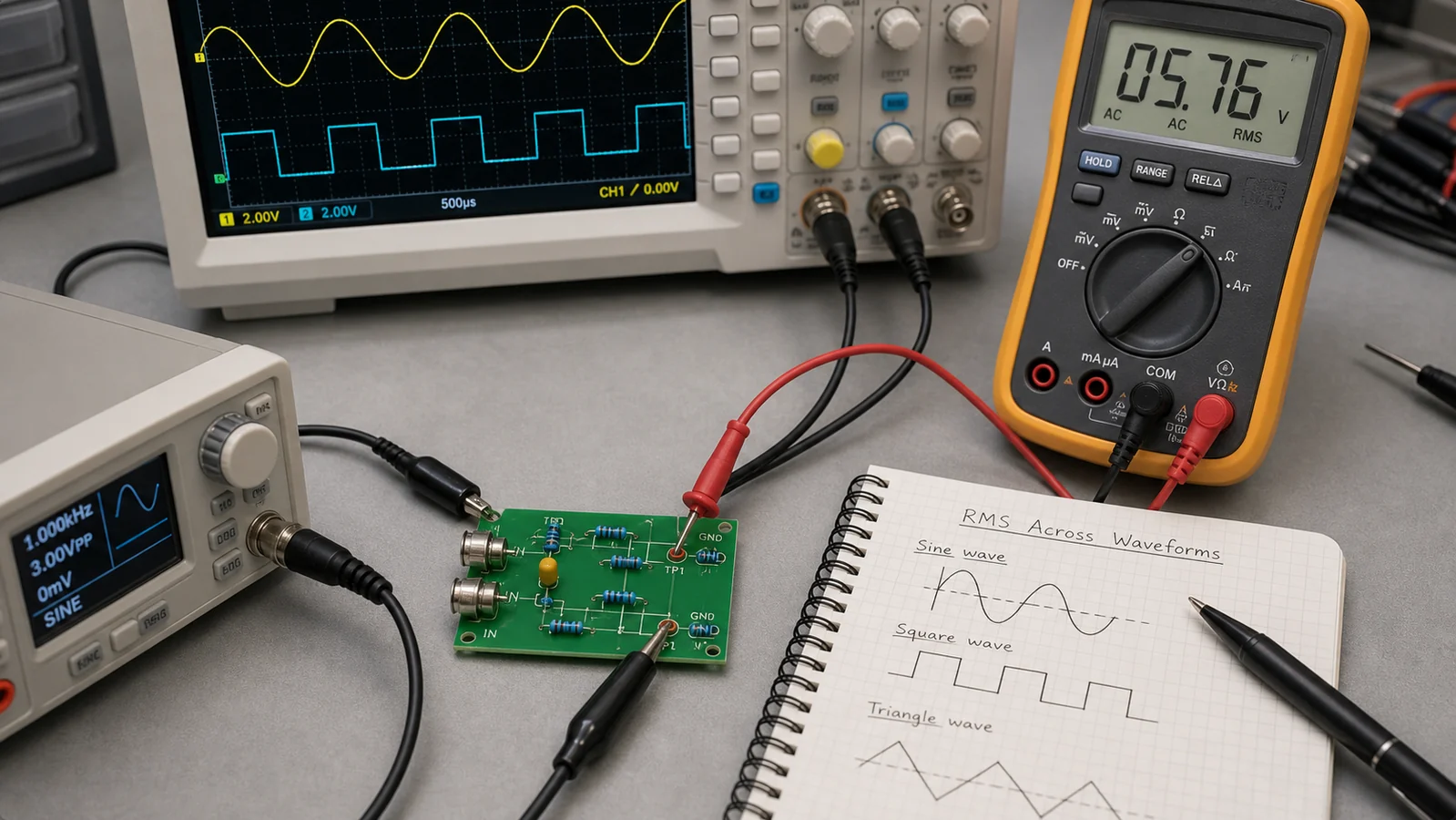 Oscilloscope and true-RMS meter connected to a small test PCB for comparing waveform measurements.