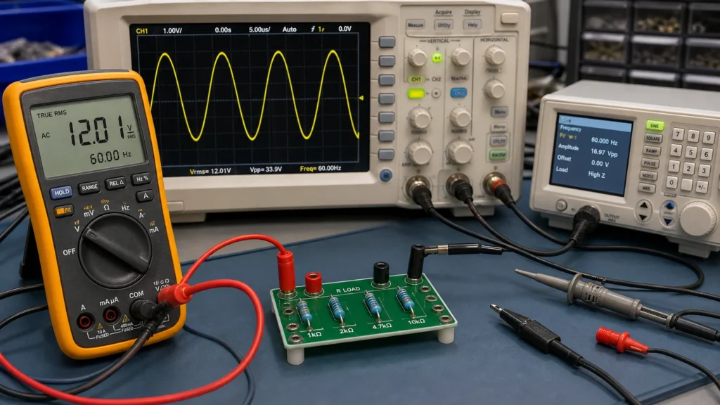 True-RMS multimeter and oscilloscope measuring an AC waveform on a PCB load fixture.
