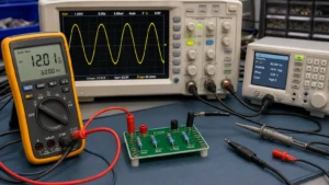 Surface-Mount Technology (SMT) 12 True-RMS multimeter and oscilloscope measuring an AC waveform on a PCB load fixture.