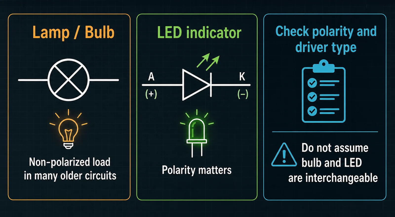 Comparison graphic showing a lamp symbol, an LED symbol, and notes about polarity and driver type