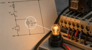 Glowing pilot lamp beside a control-terminal block with a lamp symbol highlighted on a schematic