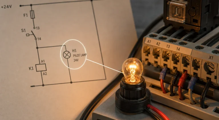 Glowing pilot lamp beside a control-terminal block with a lamp symbol highlighted on a schematic