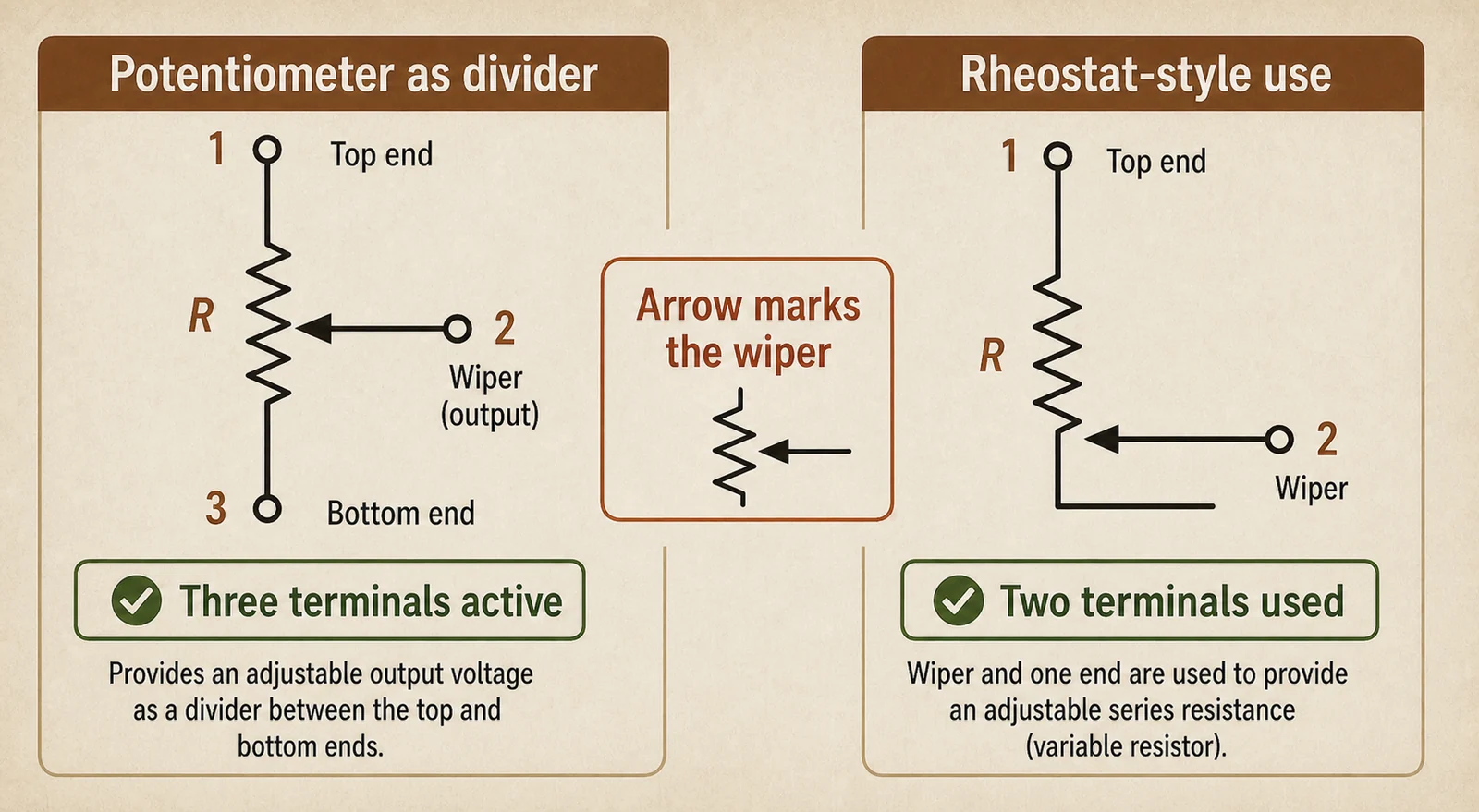 Comparison graphic showing potentiometer divider use, rheostat-style use, and a wiper callout