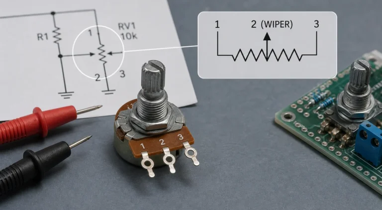 Rotary potentiometer with three terminals beside a schematic showing the wiper connection