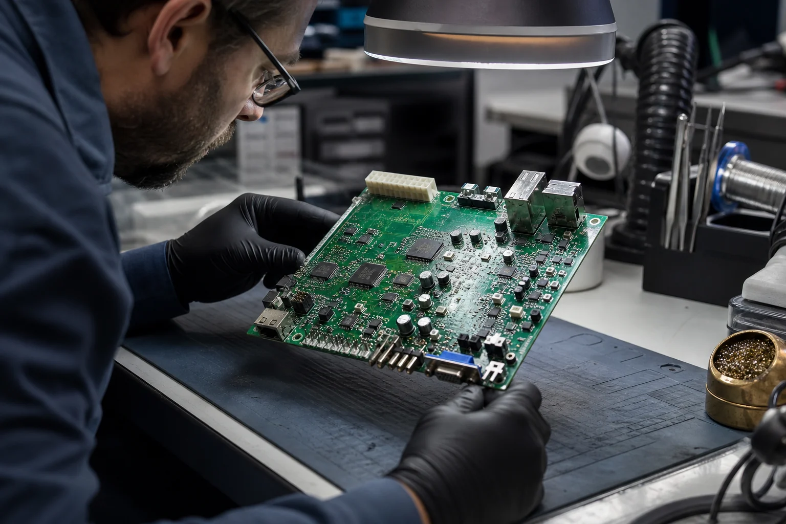 Selective Soldering or Wave Soldering? Choose by Board Risk, Not Habit 1 Engineer inspecting connector and through-hole regions on a mixed-technology PCB to assess soldering access and thermal risk.