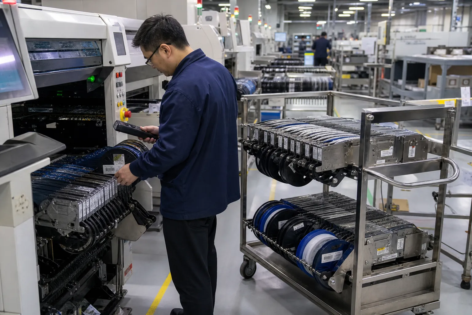 What Actually Belongs in an SMT Assembly Line Before Speed Becomes the Goal 1 Manufacturing engineer checking feeder carts and placement-machine setup during SMT line preparation.