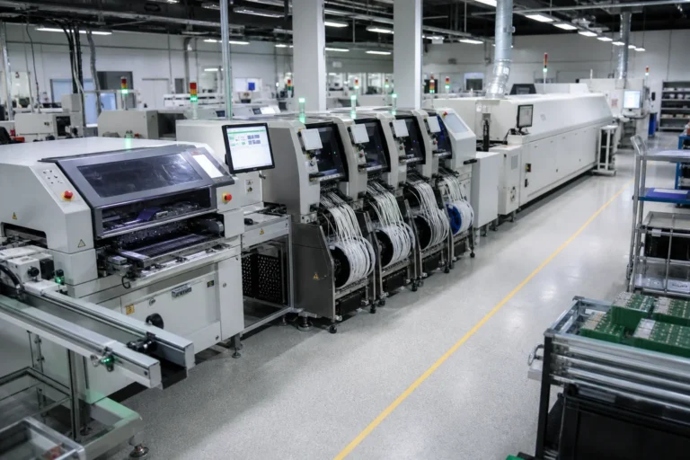Wide view of a modern SMT assembly line showing stencil printing, pick-and-place equipment, conveyors, and reflow equipment on a production floor.