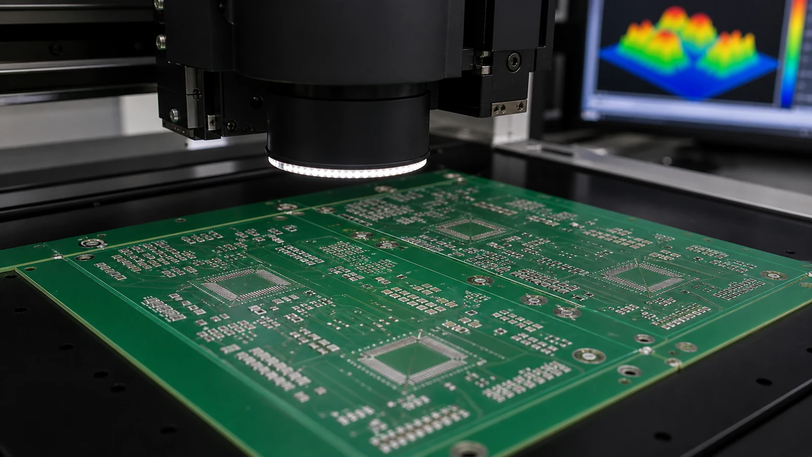 SPI optical head inspecting realistic stencil-printed solder paste deposits on fine-pitch SMT PCB pads.
