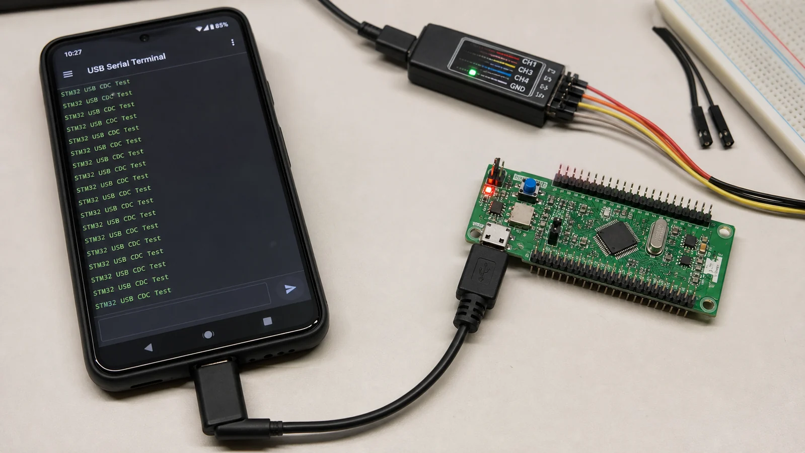 USB serial terminal app on Android connected to an STM32 board and USB logic analyzer