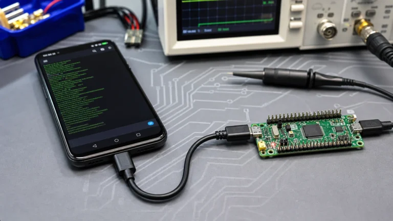 Home 10 Android phone connected to an STM32 development board over USB-C for USB CDC serial testing