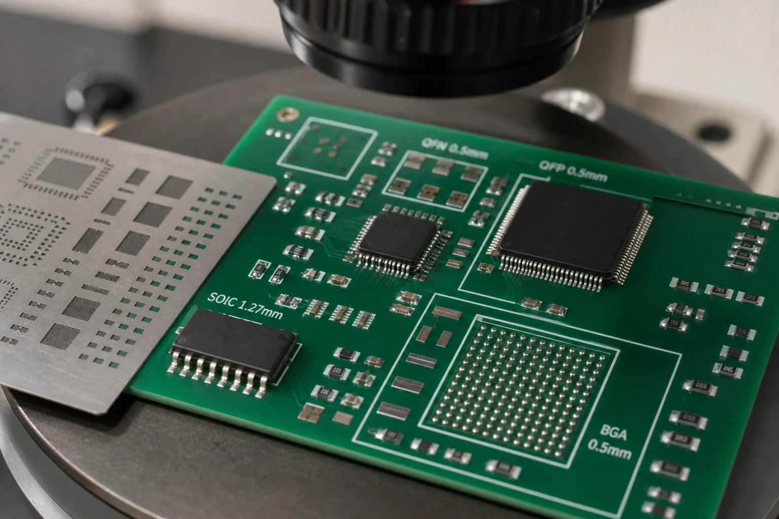 Comparison board showing SOIC, QFN, QFP, BGA, and passive SMD footprints beside a stencil on an inspection bench.
