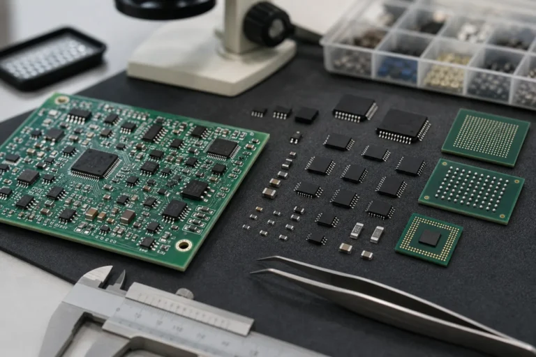 Home 12 Assorted SMD package types arranged beside a PCB, caliper, and tweezers on an engineering workbench.