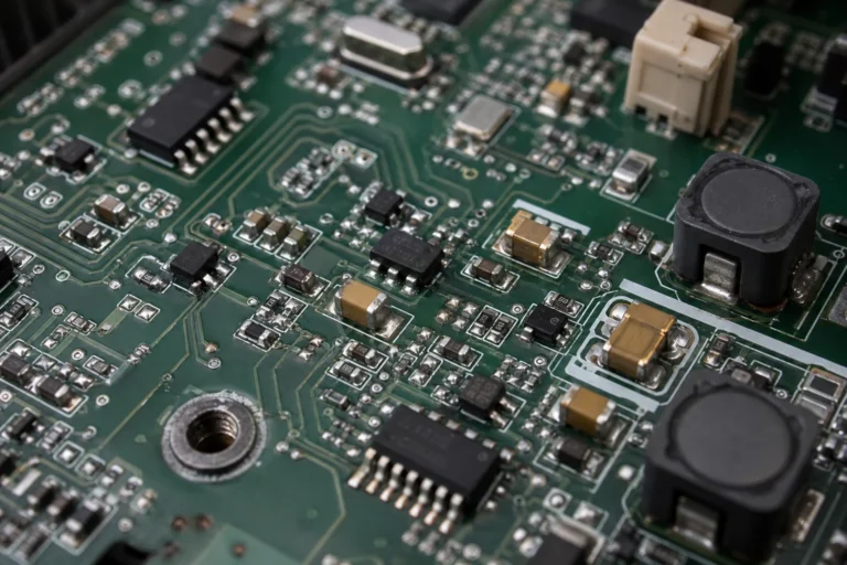Close-up of multiple surface mount resistors soldered on a densely populated PCB near analog and power circuitry.