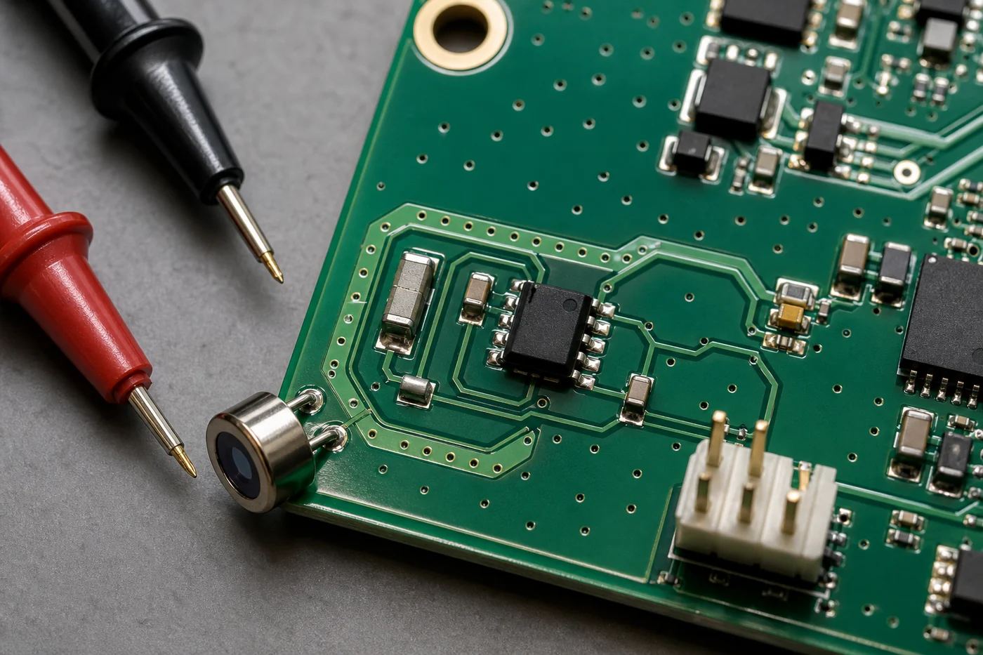 Close-up of a photodiode and transimpedance amplifier layout area on a PCB with nearby probes and feedback network components.