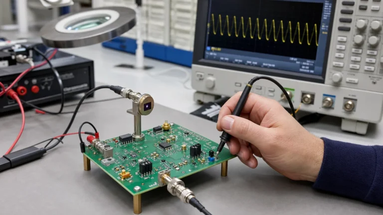 Home 13 Engineer probing a photodiode sensor PCB with a transimpedance amplifier front end beside an oscilloscope.