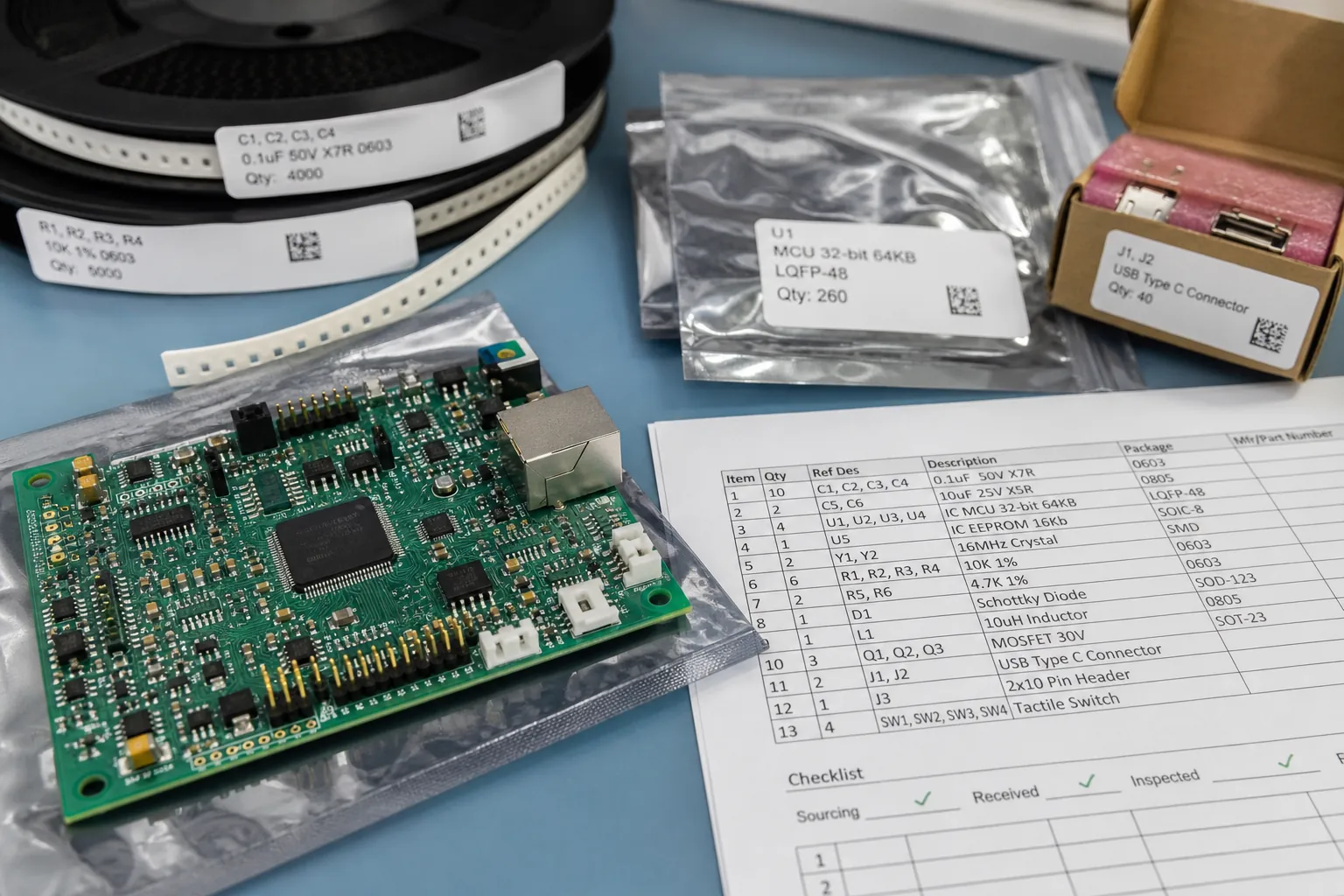 Turnkey PCB Assembly Works Best When Your BOM Is Ready for Procurement 1 Assembled PCB beside labeled component packaging and a BOM checklist used for turnkey PCBA sourcing control.