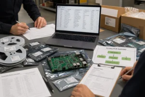 Surface-Mount Technology (SMT) 10 Assembled PCB, component reels, BOM review screen, and shipment planning documents used during turnkey PCB assembly preparation.