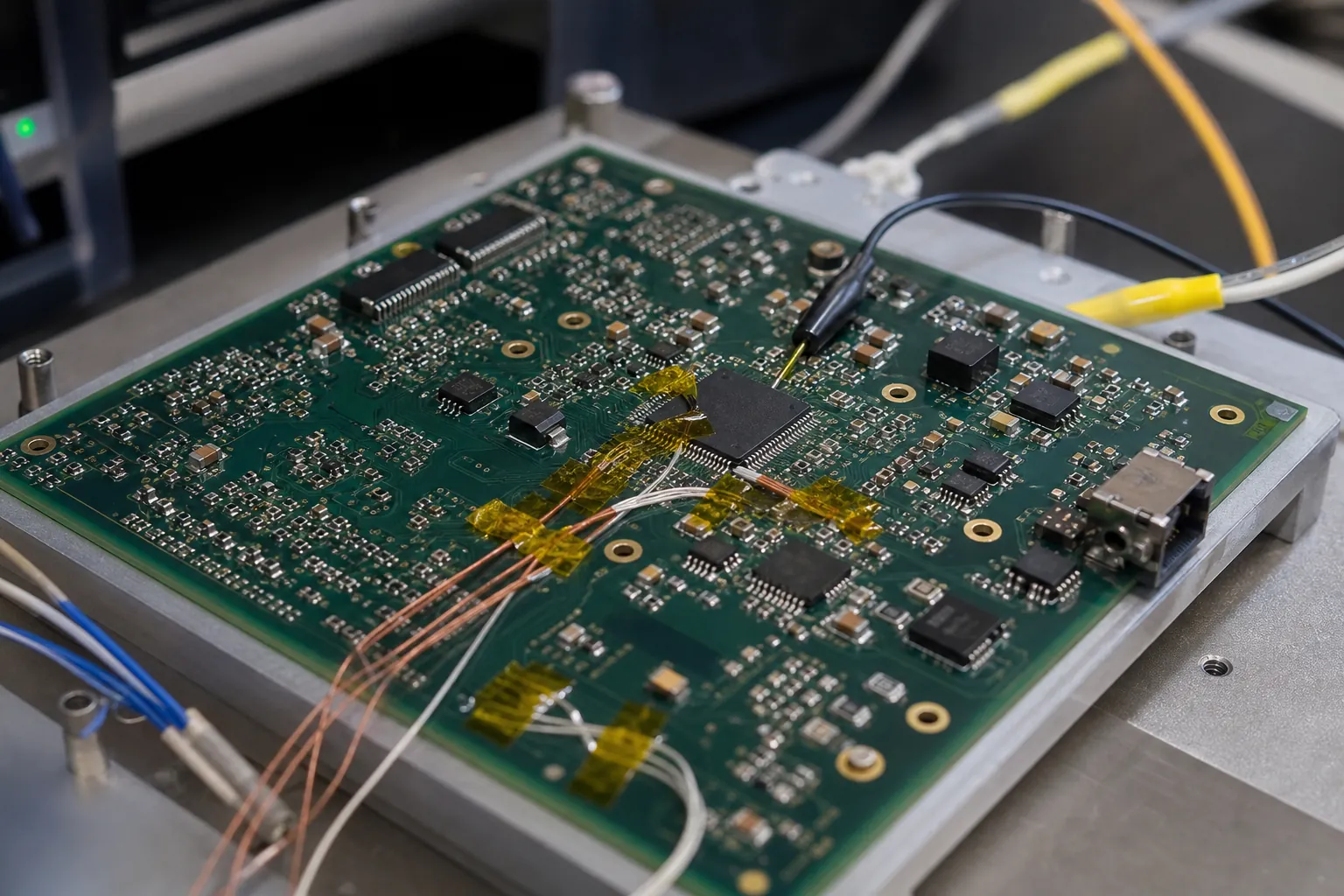 Close-up of a populated PCB instrumented with thermocouples during reflow-profile validation on an engineering bench.