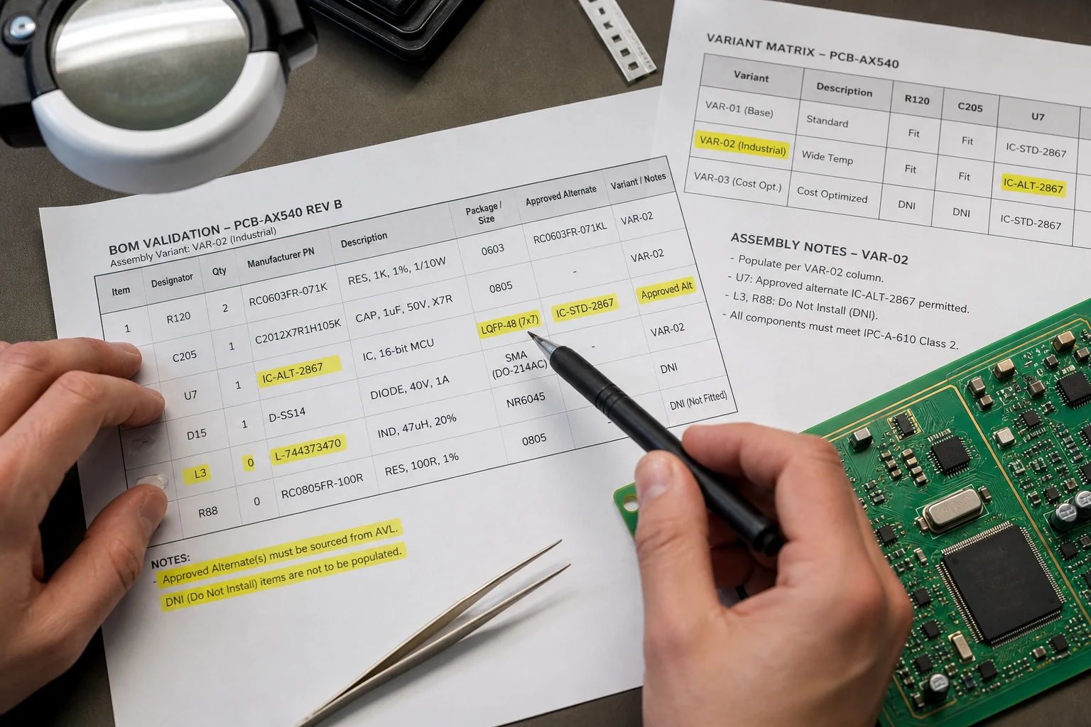 Altium BOM Management Fails When Design Data and Supply Data Drift Apart 1 Close-up of BOM lines, package data, and variant notes being checked against a PCB assembly release package