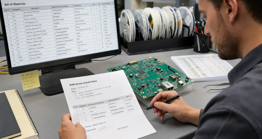 Altium BOM Management Fails When Design Data and Supply Data Drift Apart 2 Engineer reviewing Altium BOM data beside a populated PCB, supplier fields, and assembly release documents