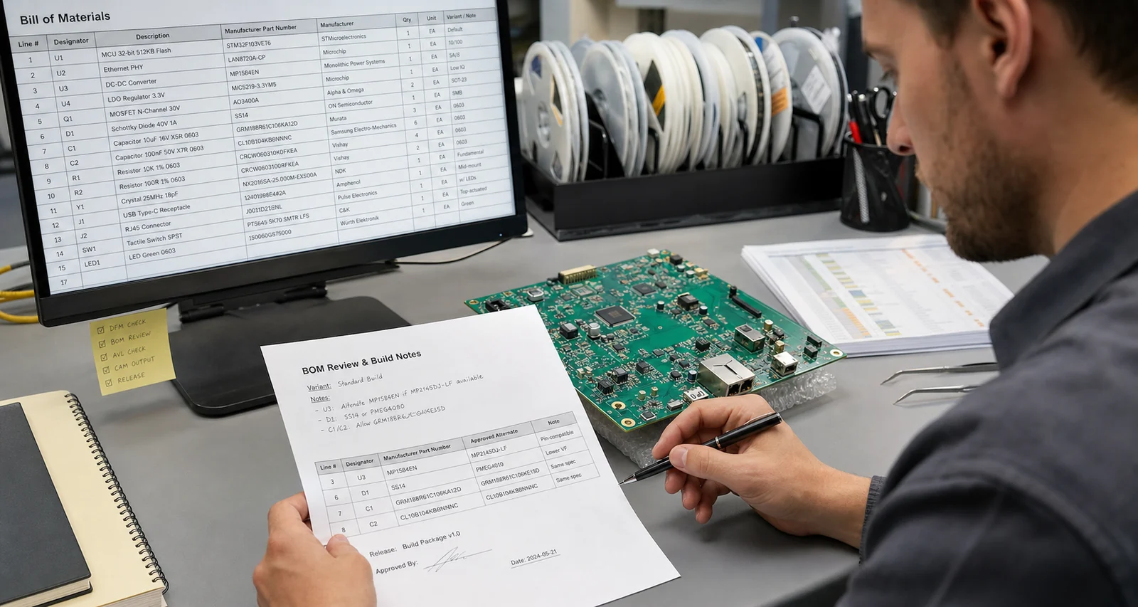Engineer reviewing Altium BOM data beside a populated PCB, supplier fields, and assembly release documents