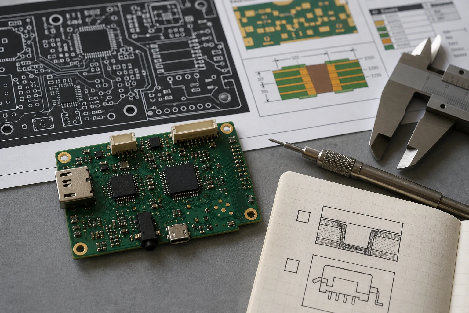 PCB footprint review beside fabrication outputs and measurement tools
