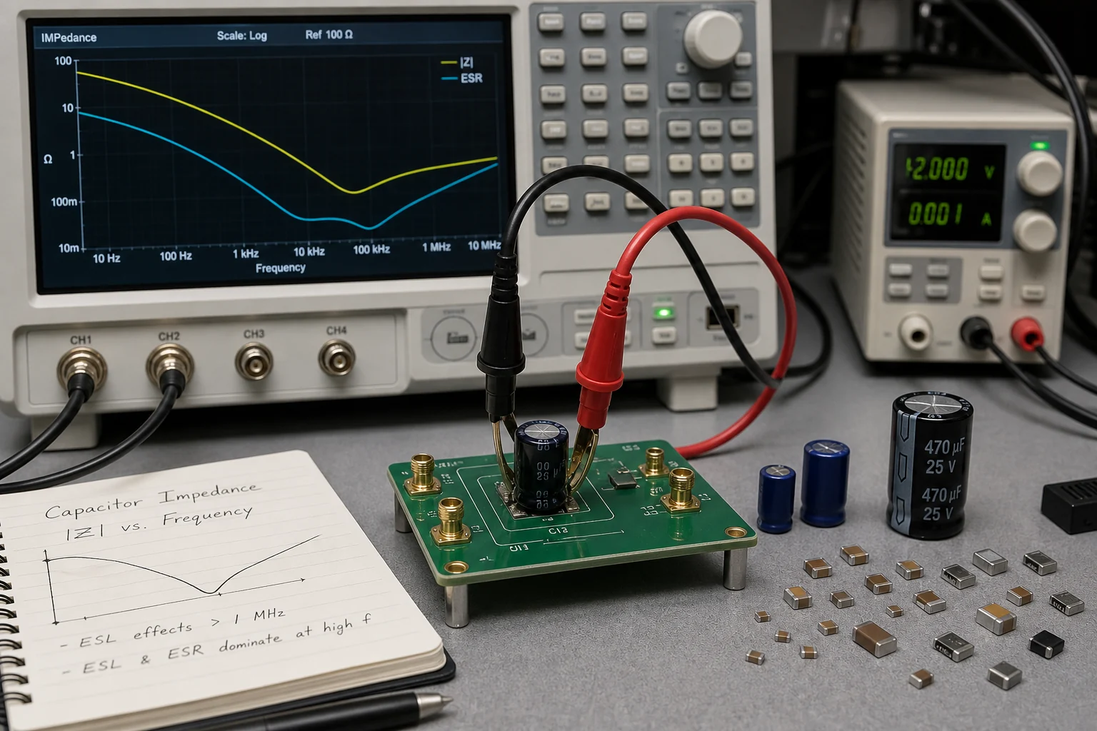 Test setup measuring capacitor impedance across frequency with bench instruments and multiple capacitor types