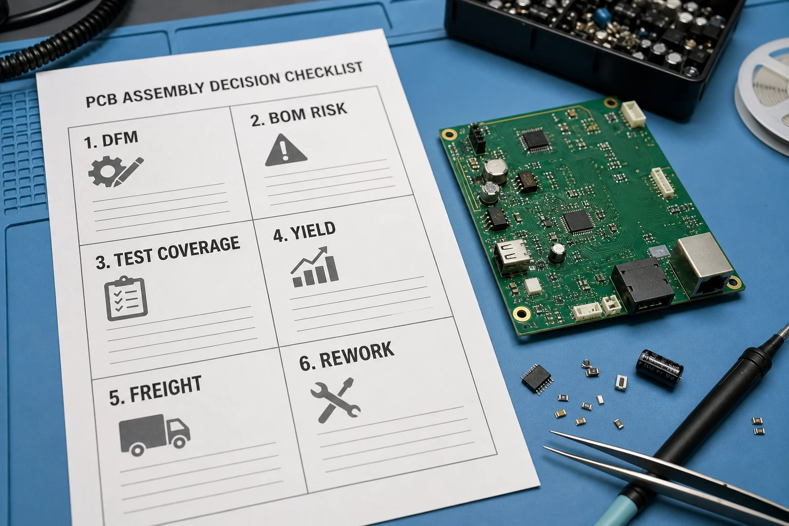 Cheap PCB Assembly Gets Expensive When Quote Math Ignores Rework, Test, and Freight 1 PCB assembly decision checklist covering DFM, BOM risk, test coverage, yield, freight, and rework